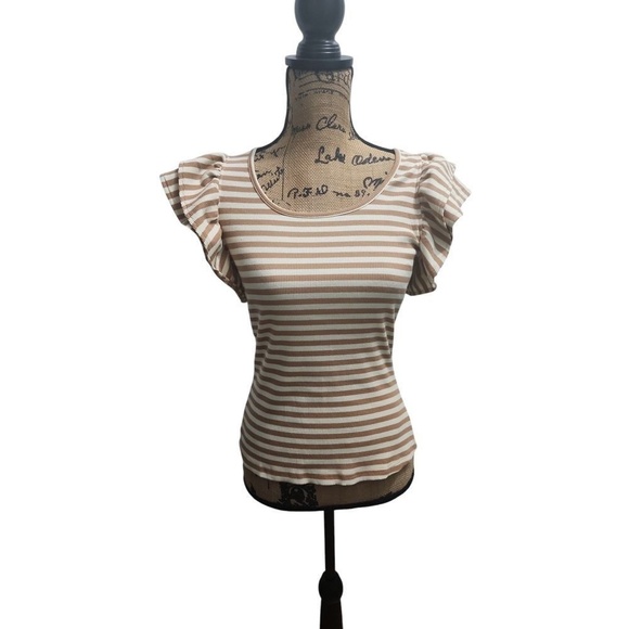 Zesica Striped Flutter Sleeve Top Casual Ribbed Fitted Summer Blouse M - Picture 1 of 5